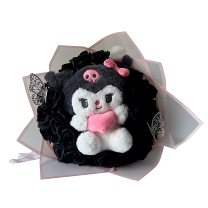 Plush toy with skull design on a decorative black and white background