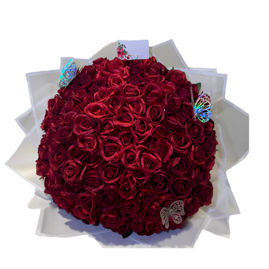Bouquet of red roses with decorative butterflies on a white background